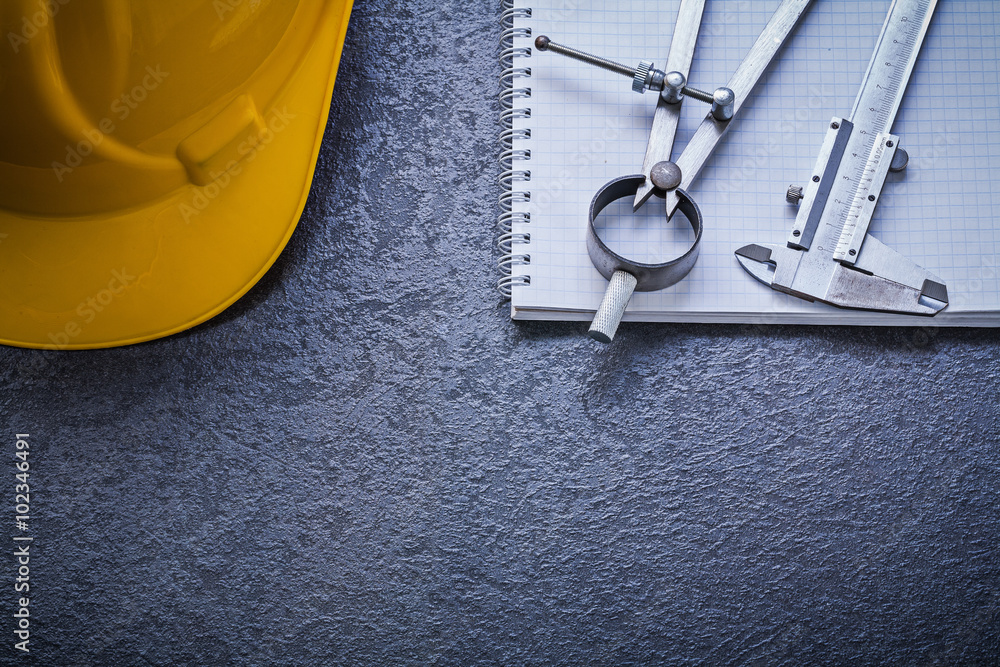 Naklejka premium Copybook hard hat divider vernier scale construction concept