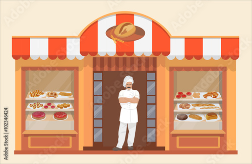 Bakery shop building with bakery products and Baker