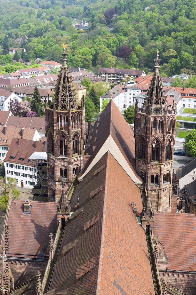 Towers of Freiburg Munster cathedral, Freiburg im Breisgau city,