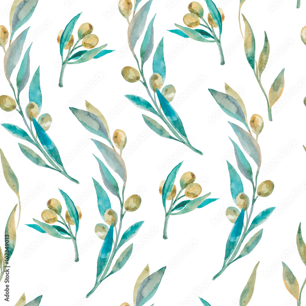 Watercolor green olive pattern. Olive branche Watercolor green olive pattern. Olive branche