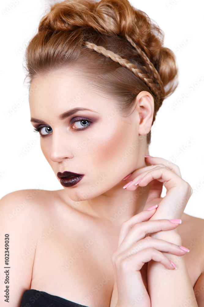 beauty portrait of a girl with bright makeup and hairstyle. Creative Hairstyle. Hairdo. 