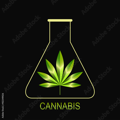Cannabis leaf icon. Green flask with cannabis leaf, logos design.