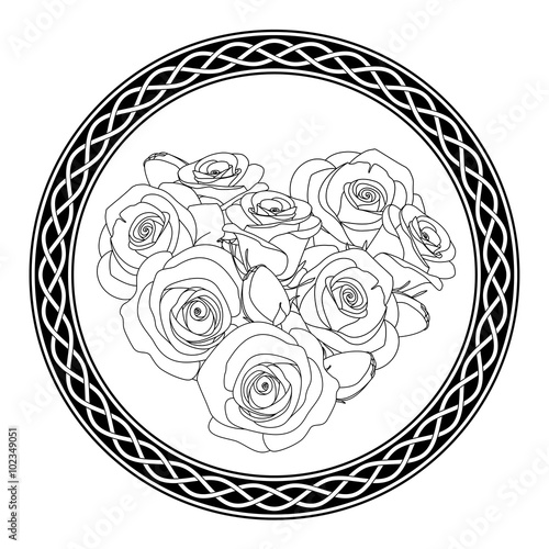 ornament with celtic motive and roses, antistress coloring page for adults, illustration