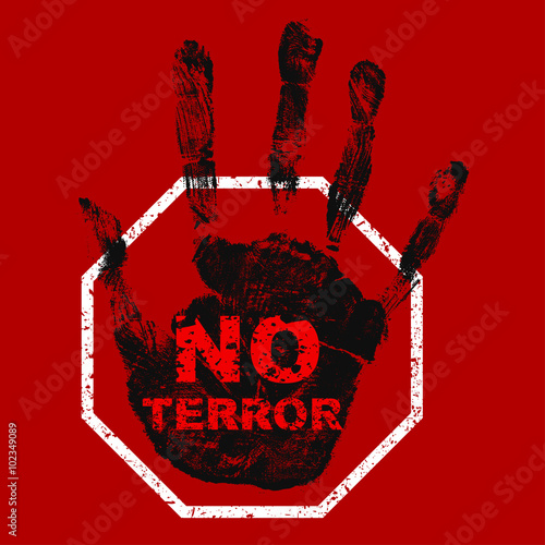 Handprint with no terror inscription on red background