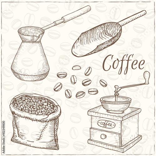 Set of hand drawn simple coffee theme sketches