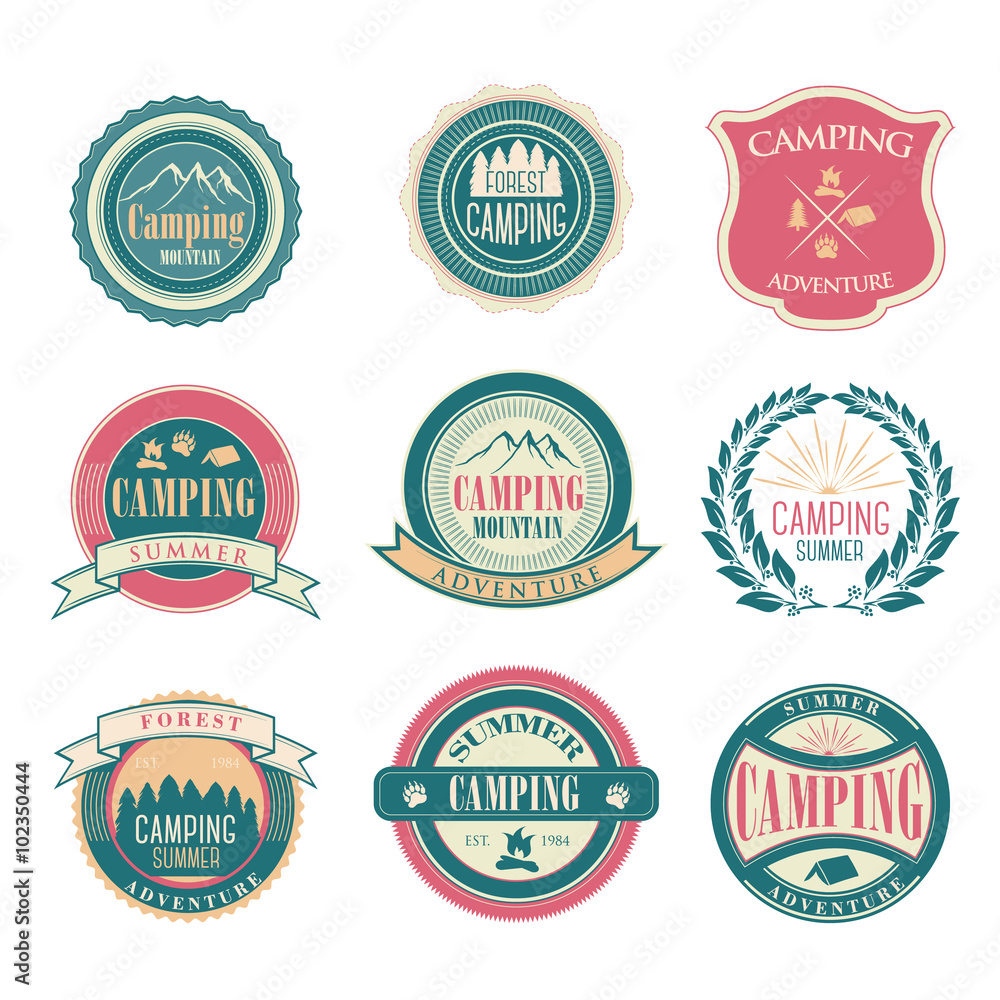 Set of vintage summer camp badges and outdoors 