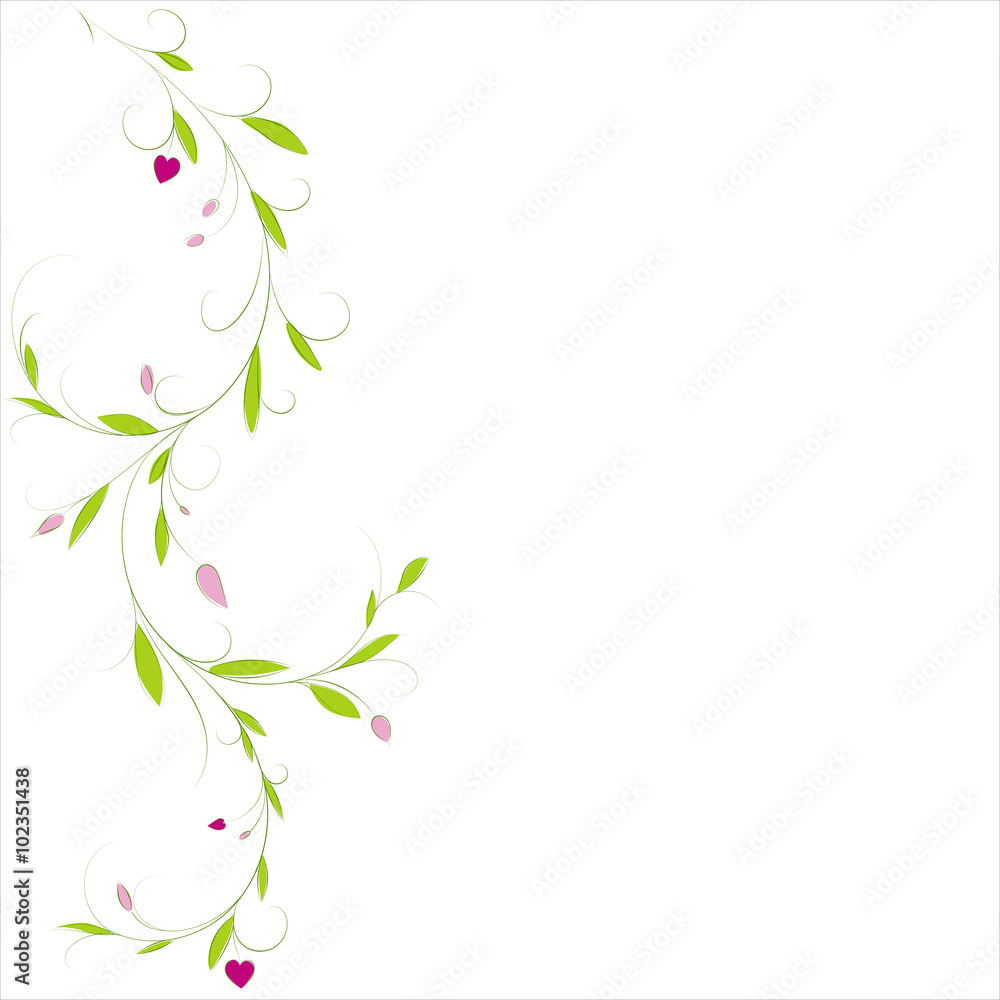 Abstract vertical floral delicate background with place for your text. Vector fragility curl branch with leaves and hearts for greeting and invitation card. - obrazy, fototapety, plakaty 