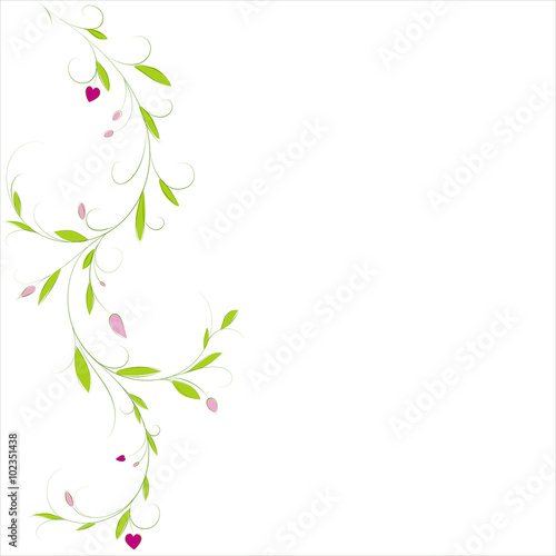 Abstract vertical floral delicate background with place for your text. Vector fragility curl branch with leaves and hearts for greeting and invitation card.