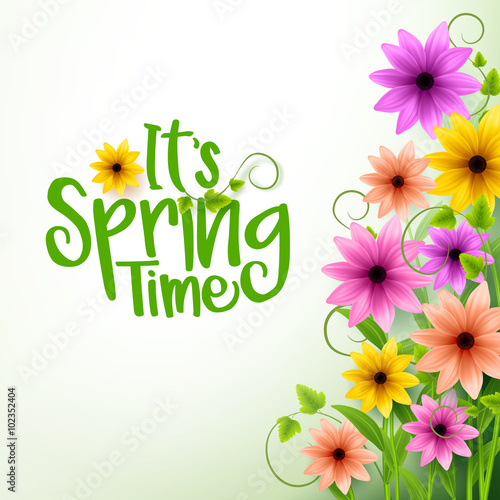 Vector Spring Time Text in White Background with Realistic 3D Colorful Flowers and Vines. Vector Illustration 