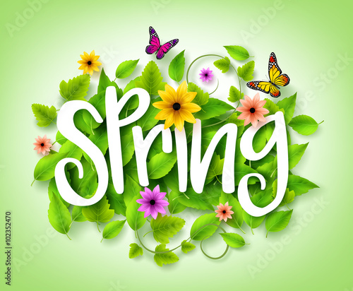 Spring Title Text with Vector Green Leaves in the Background with Colorful Flowers and Butterflies Decoration for Spring Season. 3D Realistic Vector Illustration
