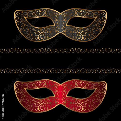 black and red masks with golden ornament