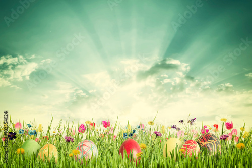 Easter Vintage Background with Eggs and Flowers