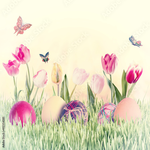 Easter Vintage Background with Eggs and Flowers