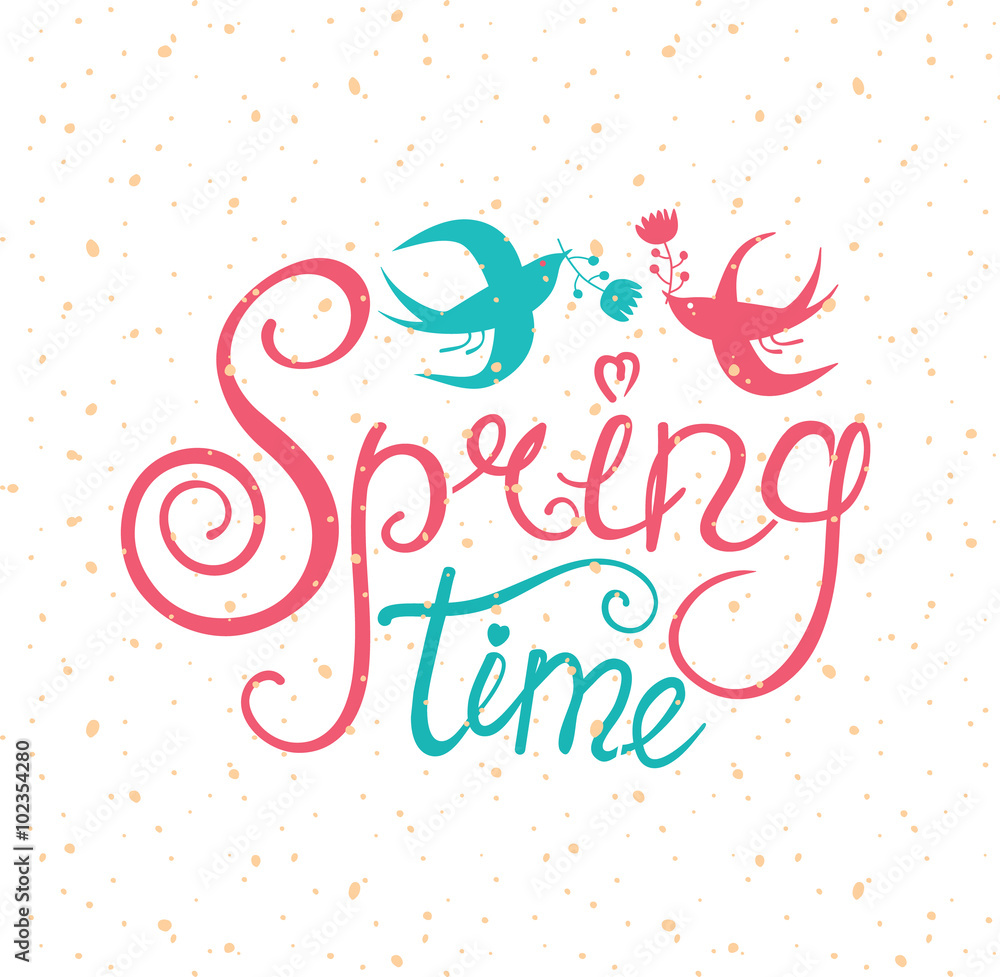Spring time lettering. Calligraphy card with two leaves.