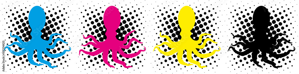 cmyk19 CyanMagentaYellowKey - Octopus with cmyk halftone background - 4to1 g4241 cmyk19 CyanMagentaYellowKey - Octopus with cmyk halftone background - 4to1 g4241