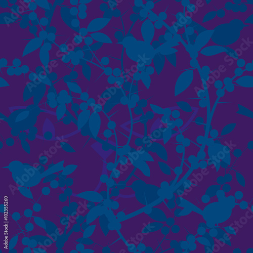 Seamless pattern of Blackthorn berries and birds