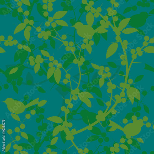 Seamless pattern of Blackthorn berries and birds