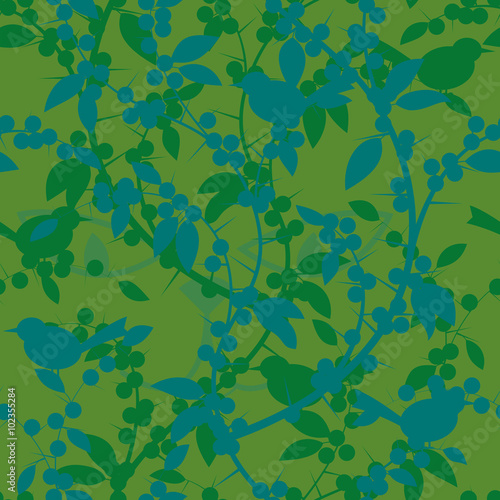 Seamless pattern of Blackthorn berries and birds