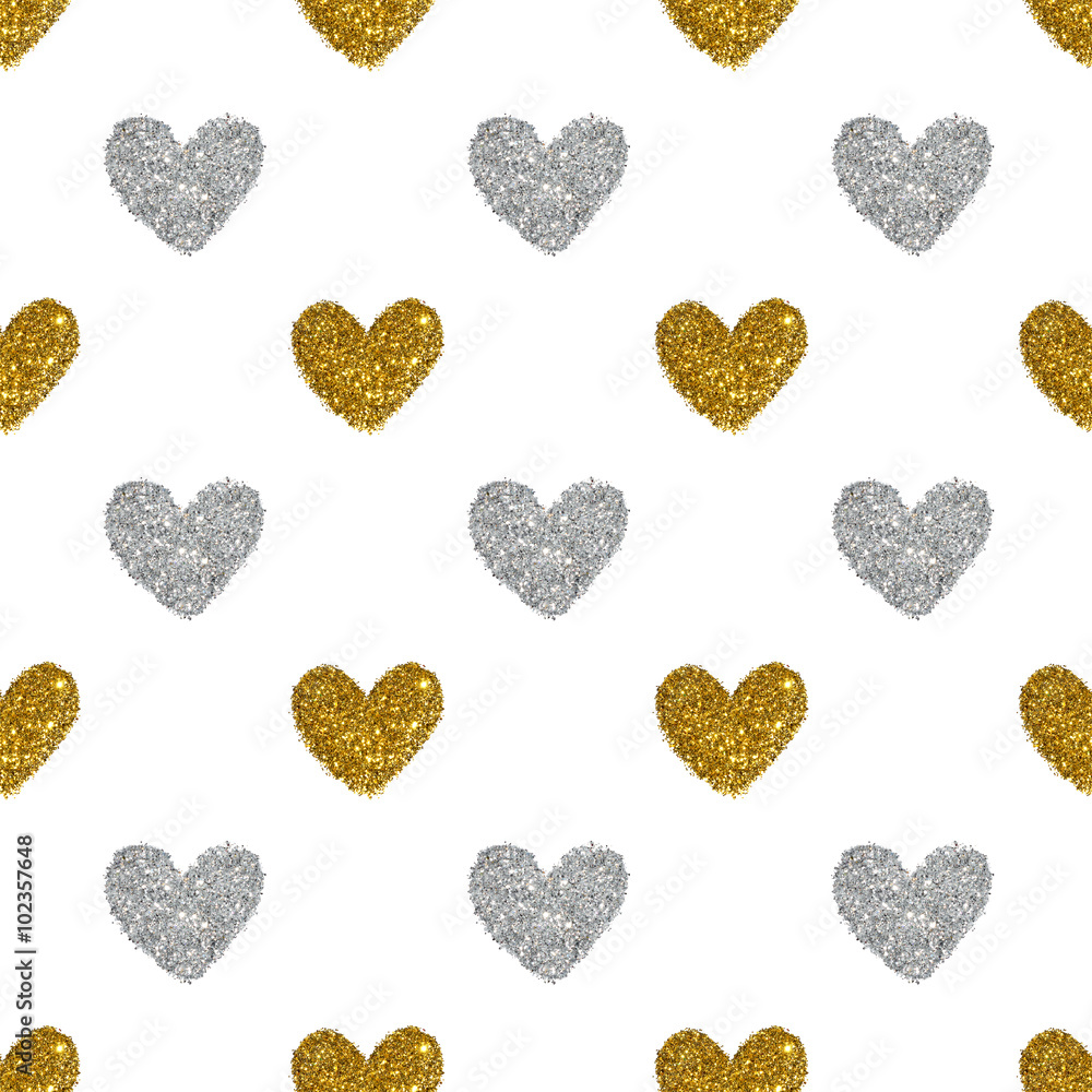 Background with hearts of golden and silver glitter, seamless pattern
