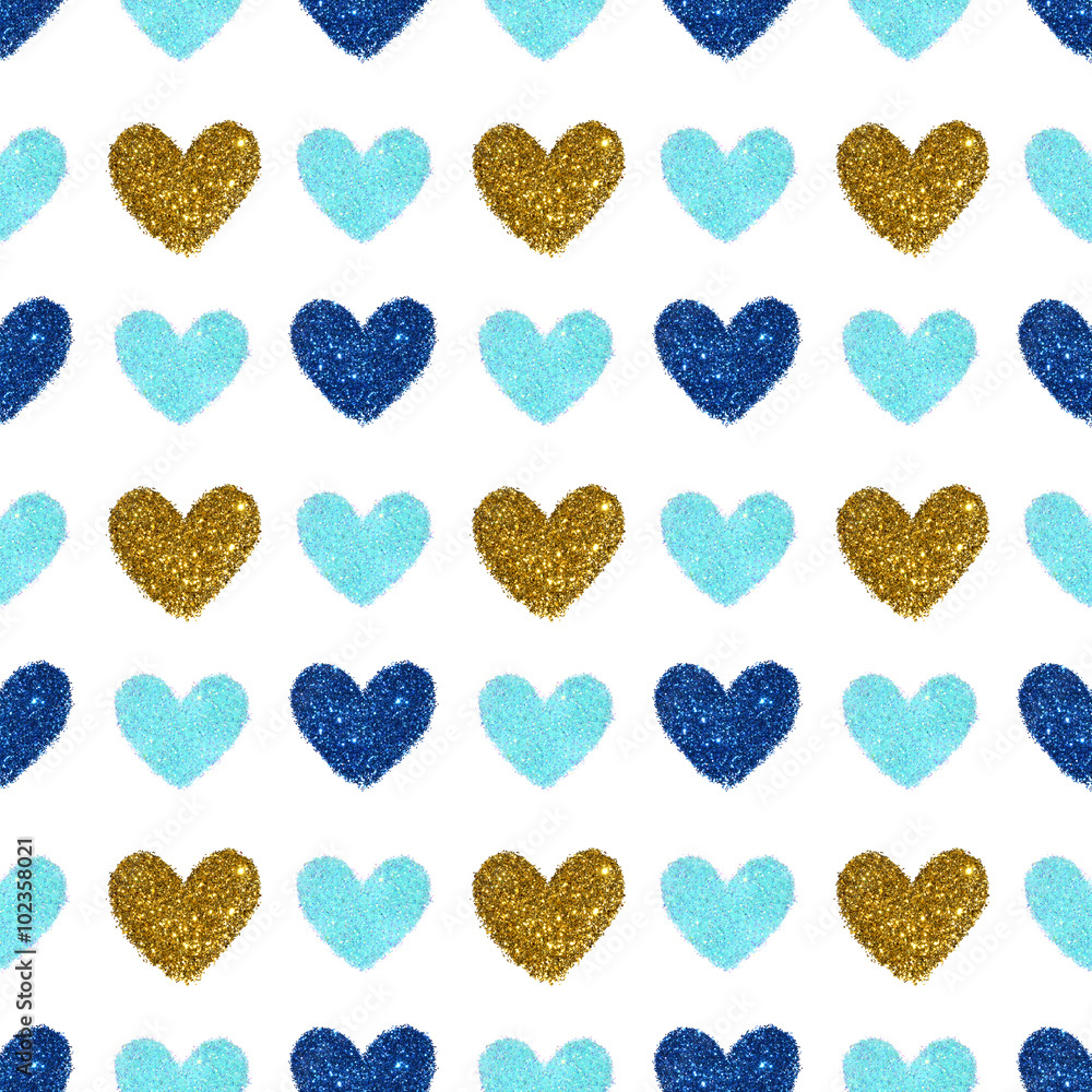 Background with hearts of blue and golden glitter, seamless pattern