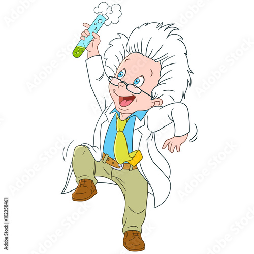 cute and happy cartoon adult scientist holding a test tube in a white lab coat is inventing new genial chemical formula or chemicals, isolated on a white background