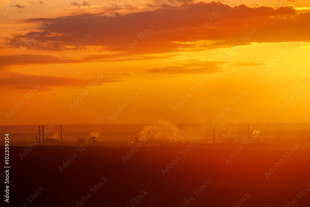 Beautiful nature landscape. Silhouette of Industrial factory