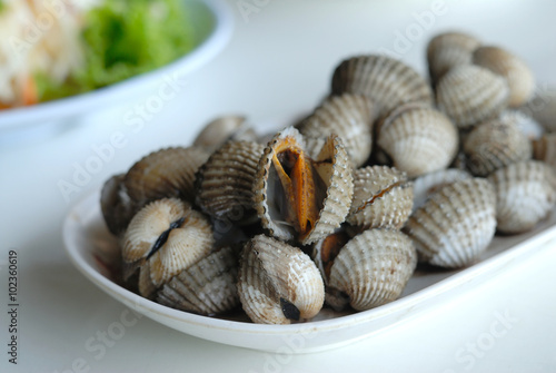Blanched cockles on white dish