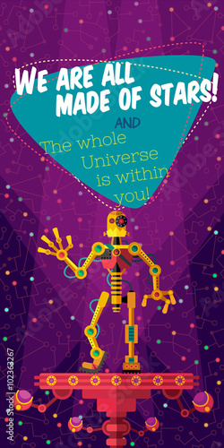 Vector illustration in flat style about Robot. Greeting card