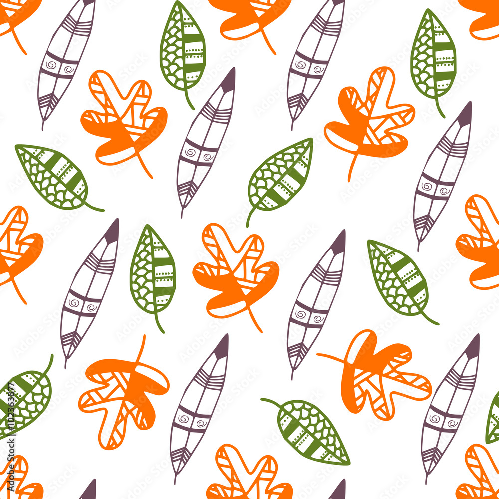 Seamless pattern with violet, green and orange graphical leaves. 