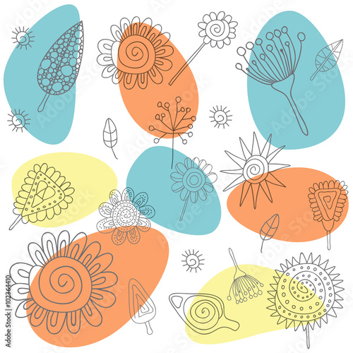 Set with graphical leaves, flowers and plants.