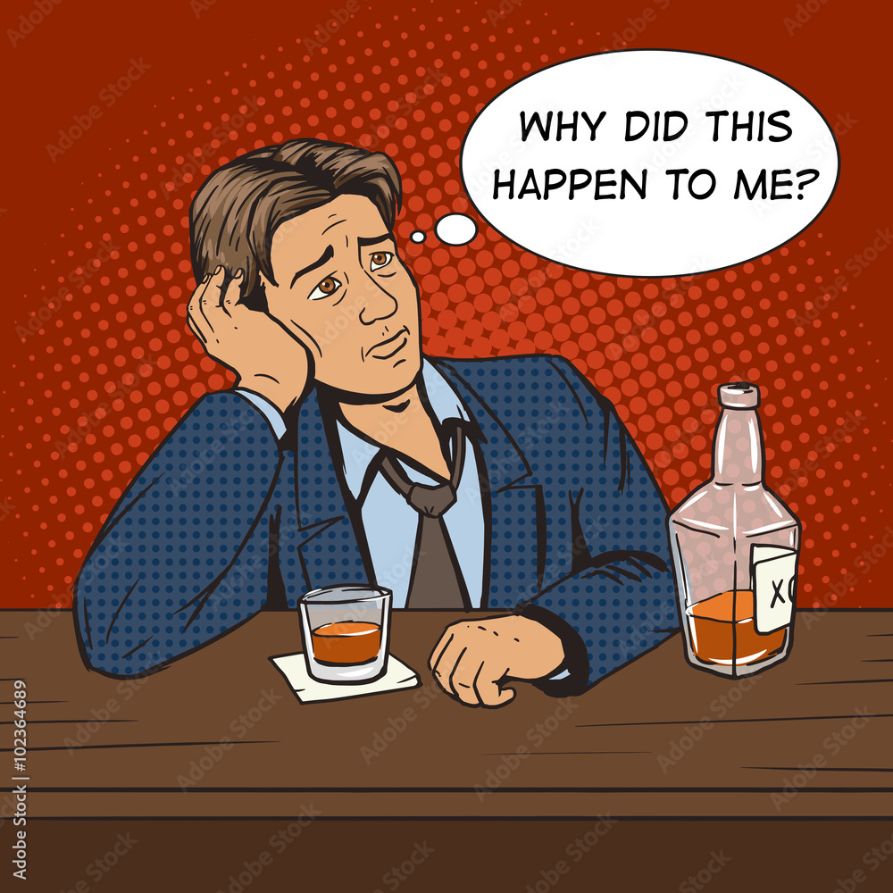 Man with bad mood drinks in bar pop art vector Man with bad mood drinks in bar pop art vector