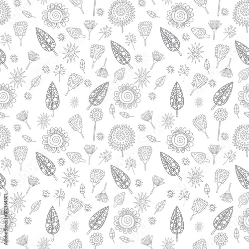 Seamless pattern with graphical leaves, flowers and plants.