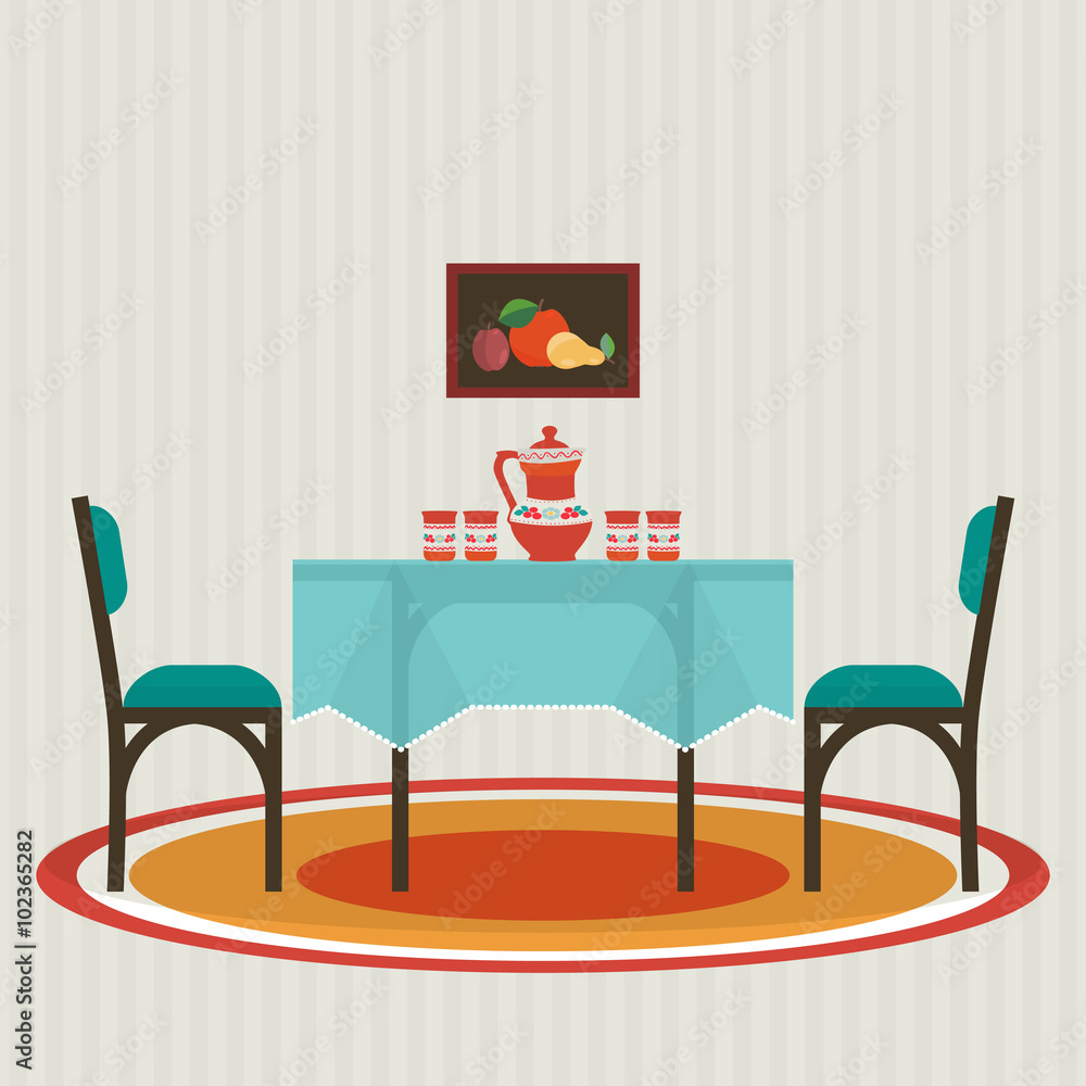 Dining table  with  flowers and chairs . Vector flat style 