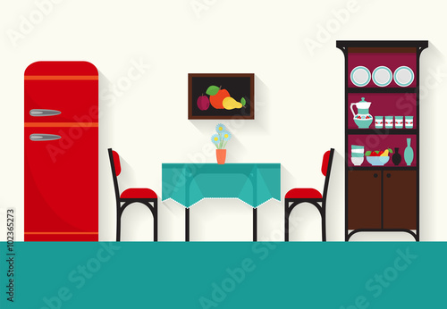 Home interior design for kitchen and sitting rooms . Vector flat