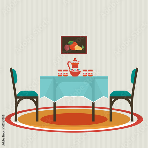 Dining table  with  flowers and chairs . Vector flat style 