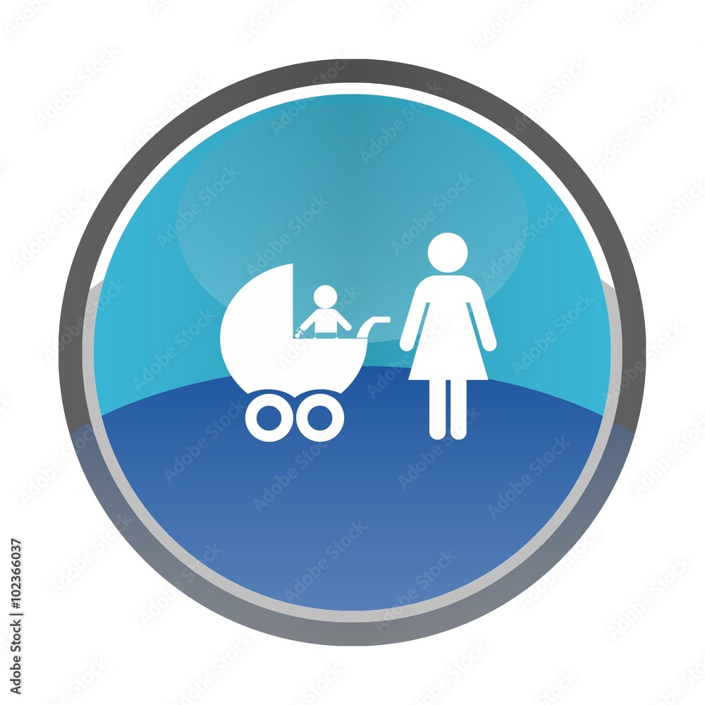 Mère avec un enfant en poussette dans un bouton Mère avec un enfant en poussette dans un bouton