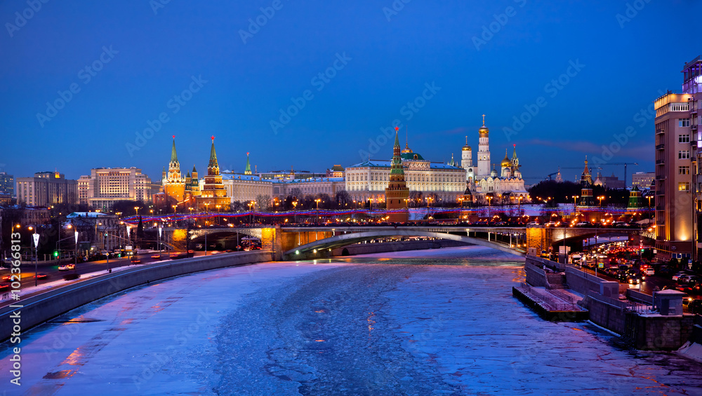 Moscow Kremlin at night in Moscow, Russia