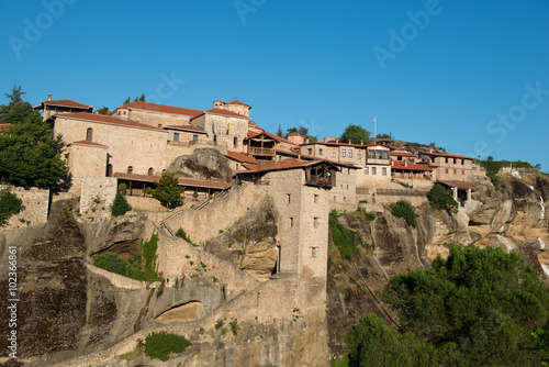 Holy Monastery of Great Meteoron in Meteora - complex of Eastern Orthodox monasteries at sunrise, Greece