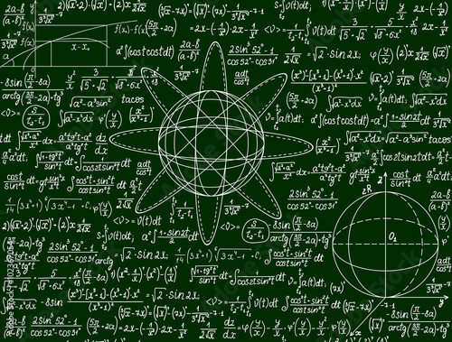 Mathematical seamless vector pattern with formulas, calculations and geometrical figures on a green background