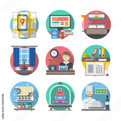 Hotel and travel flat color vector icons