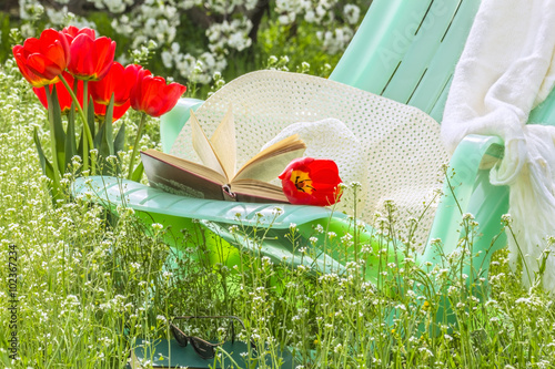 Relax in blossoming garden on a spring day