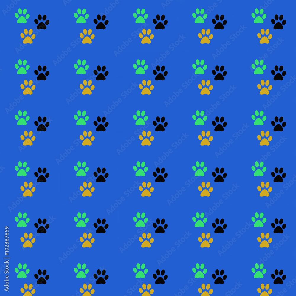 Seamless fun print of the paws of the animal. Factory color paw dog on a blue background. The imprint of paws of a pet. Print on a blue background. 