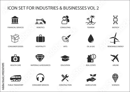 Business icons and symbols of various industries / business sectors like consulting,tourism,hospitality,agriculture,renewable energy,real estate,consumer services,construction,financial services