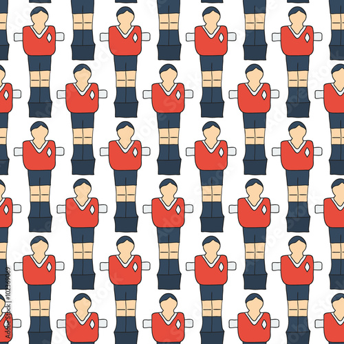 Table football sketch. Seamless pattern with hand-drawn cartoon icon - old-fashioned foosball player. Vector illustration - swatch inside