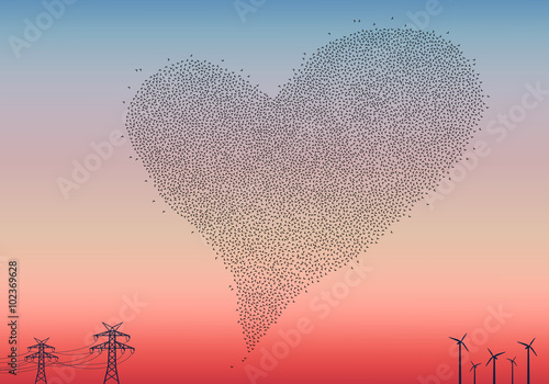 Flock of birds heart, vector