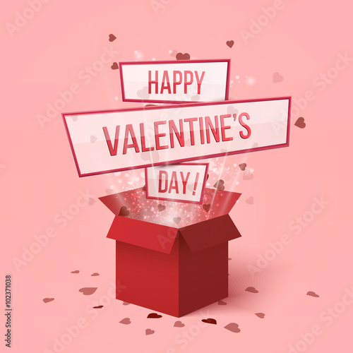 Happy valentines day.Valentines day gift box.Red hearts coming out from gift box. Set of red gift presents with flying hearts for holiday design.Hearts explosion.Love is in the air. Love box.Lettering