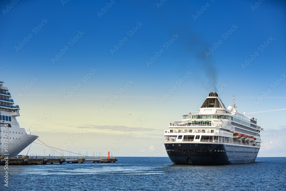Cruise ship leaving the dock. Big ocean liner leaving a port Stock Photo |  Adobe Stock