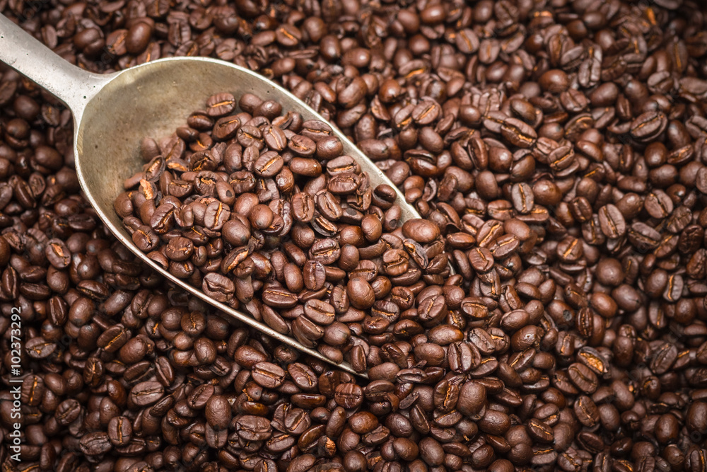 Coffee beans background with spatula