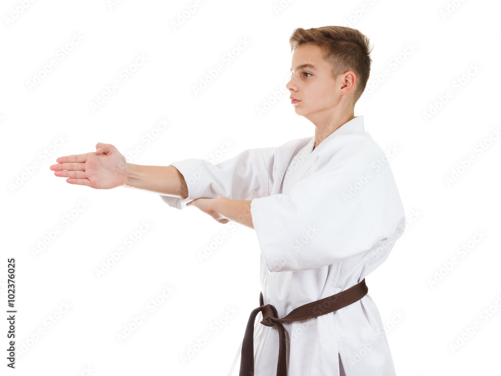 young karate boy in white kimono with brown belt young karate boy in white kimono with brown belt