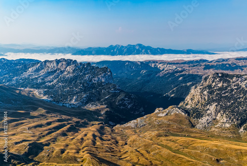 Helicopter aerial photo at Durmitor national park in the Montenegro continental part.
